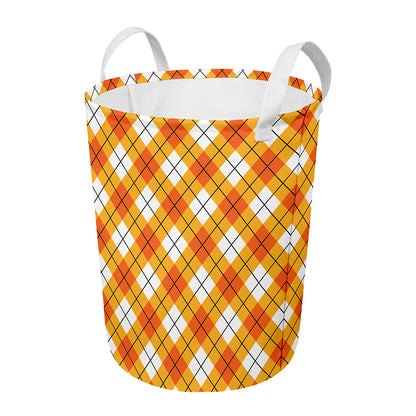 Orange And White Argyle Pattern Print Round Laundry Basket