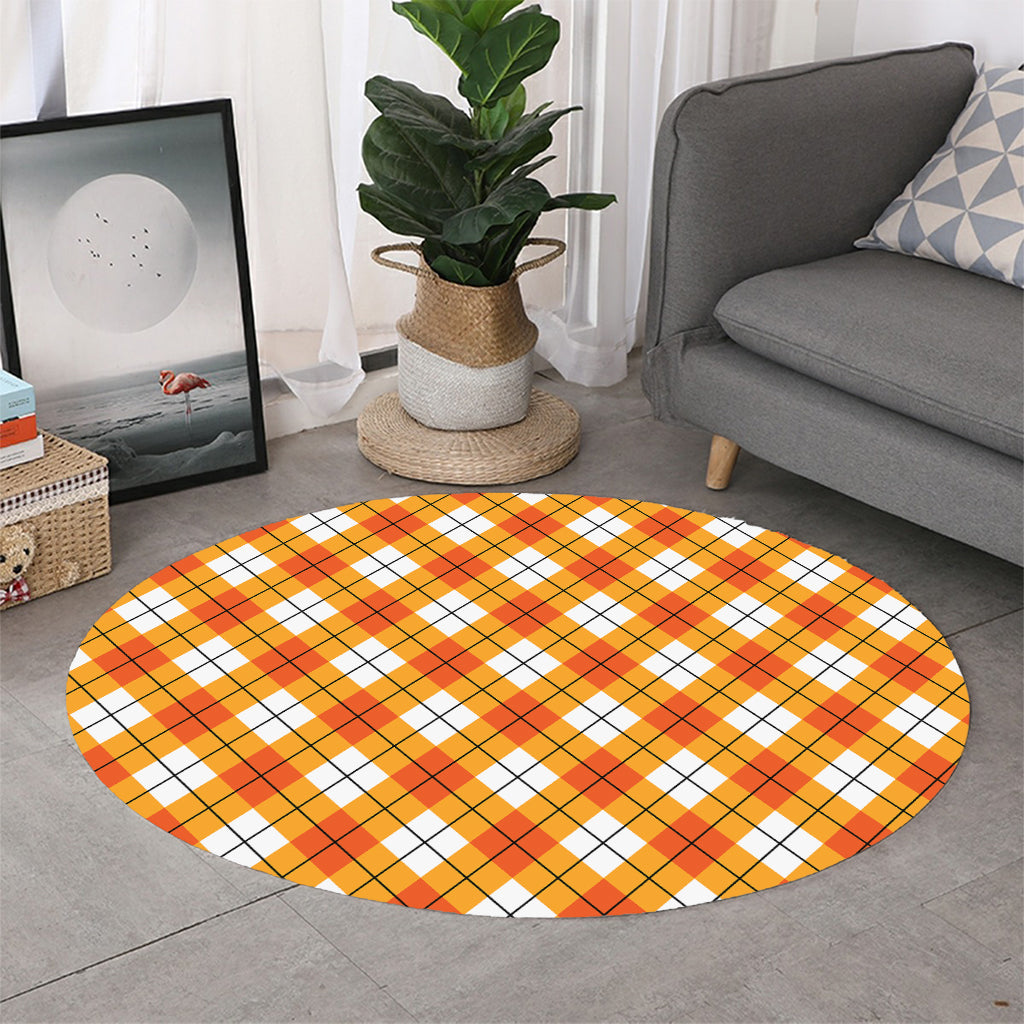 Orange And White Argyle Pattern Print Round Rug