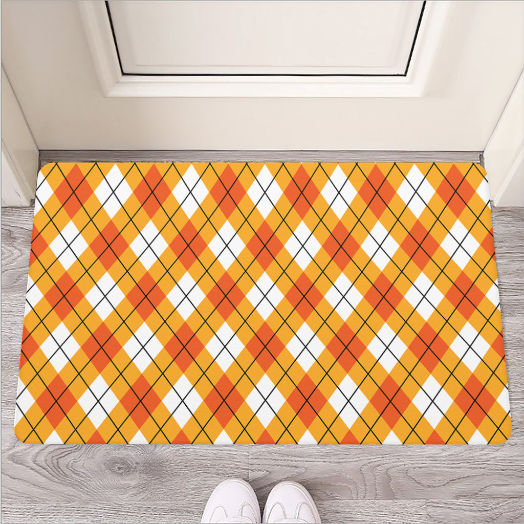 Orange And White Argyle Pattern Print Rubber Doormat