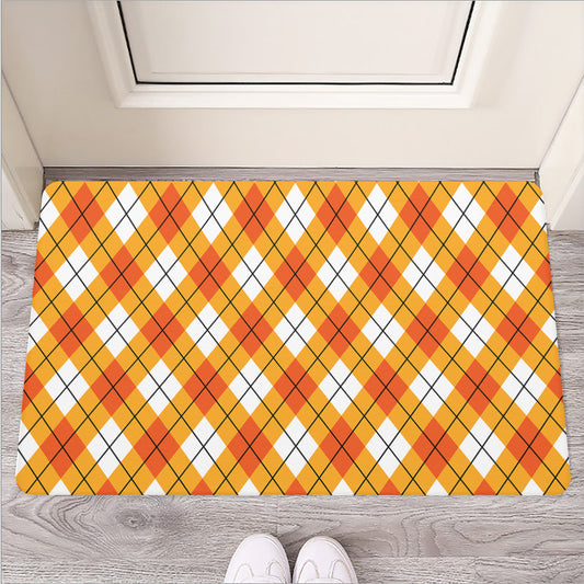 Orange And White Argyle Pattern Print Rubber Doormat