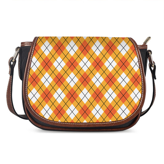Orange And White Argyle Pattern Print Saddle Bag