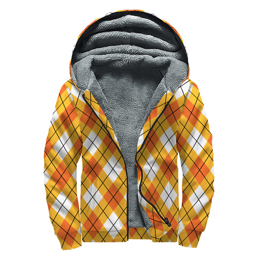 Orange And White Argyle Pattern Print Sherpa Lined Zip Up Hoodie