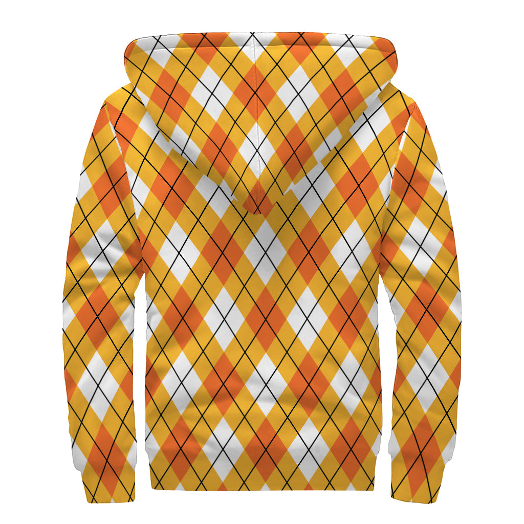 Orange And White Argyle Pattern Print Sherpa Lined Zip Up Hoodie