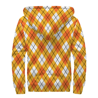 Orange And White Argyle Pattern Print Sherpa Lined Zip Up Hoodie