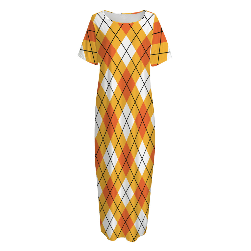 Orange And White Argyle Pattern Print Short Sleeve Long Nightdress