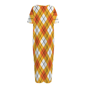 Orange And White Argyle Pattern Print Short Sleeve Long Nightdress