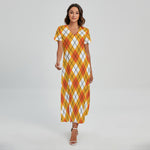 Orange And White Argyle Pattern Print Short Sleeve Maxi Dress