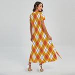 Orange And White Argyle Pattern Print Short Sleeve Maxi Dress