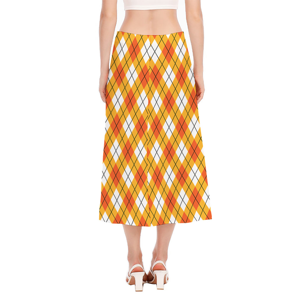 Orange And White Argyle Pattern Print Side Slit Midi Skirt