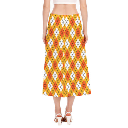Orange And White Argyle Pattern Print Side Slit Midi Skirt