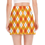 Orange And White Argyle Pattern Print Side Slit Mini Skirt