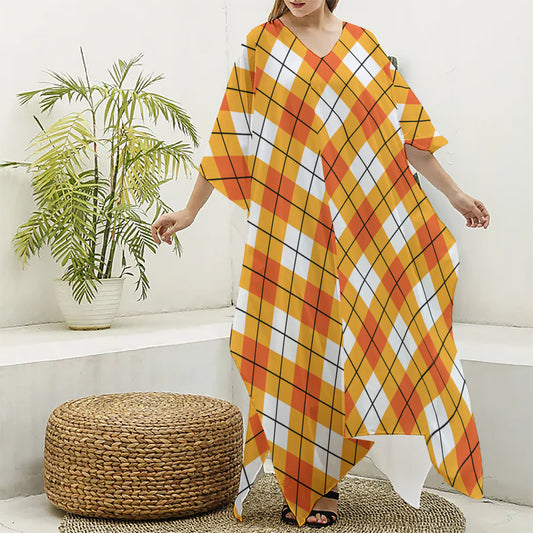 Orange And White Argyle Pattern Print Silk V-Neck Kaftan Dress