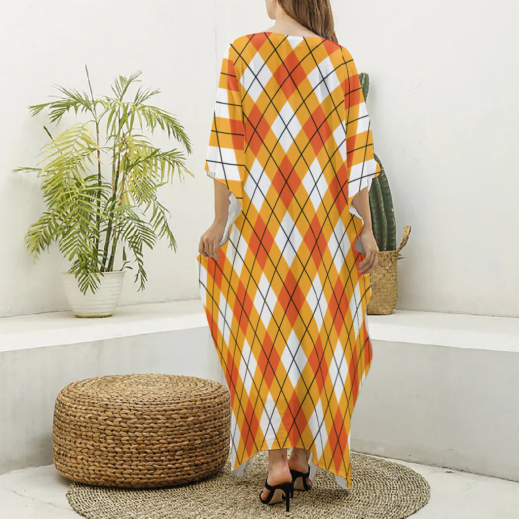 Orange And White Argyle Pattern Print Silk V-Neck Kaftan Dress