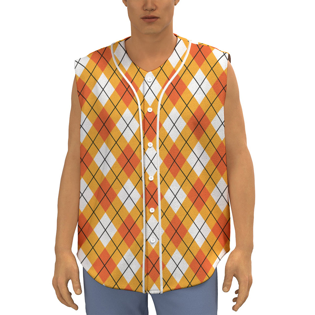 Orange And White Argyle Pattern Print Sleeveless Baseball Jersey
