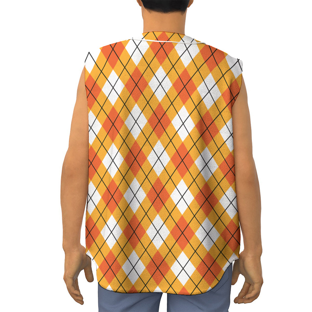 Orange And White Argyle Pattern Print Sleeveless Baseball Jersey
