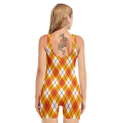 Orange And White Argyle Pattern Print Sleeveless One Piece Swimsuit