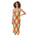 Orange And White Argyle Pattern Print Slim Fit Midi Cami Dress