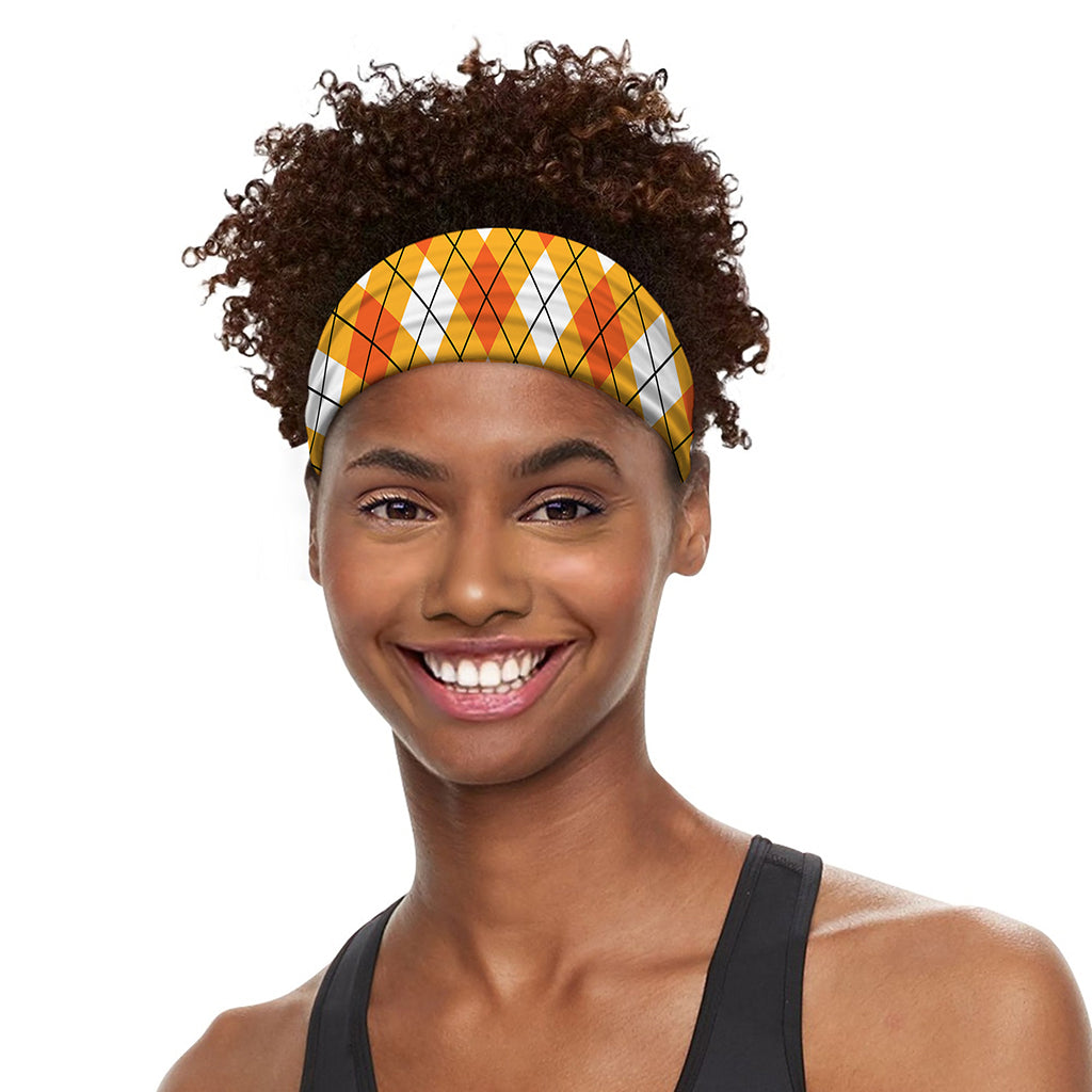 Orange And White Argyle Pattern Print Sports Headband