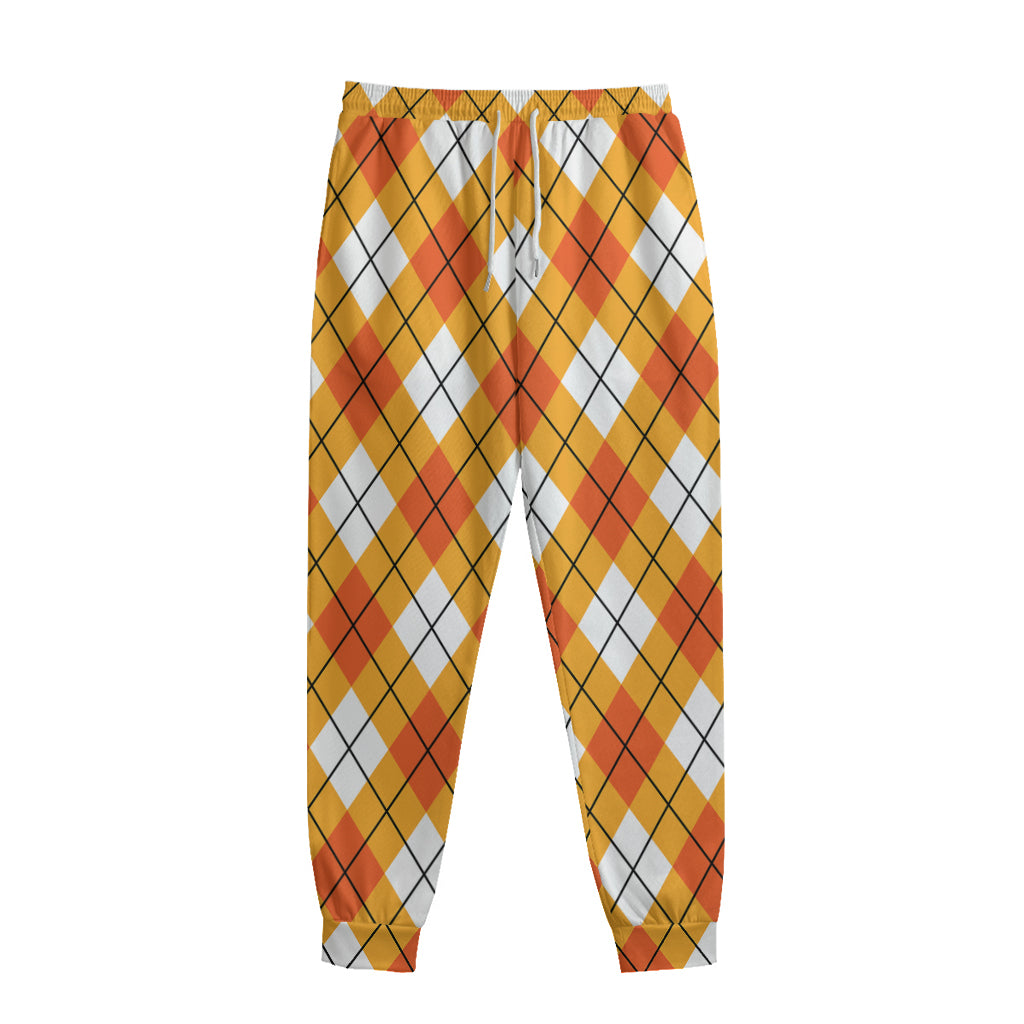 Orange And White Argyle Pattern Print Sweatpants