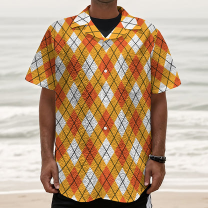Orange And White Argyle Pattern Print Textured Short Sleeve Shirt