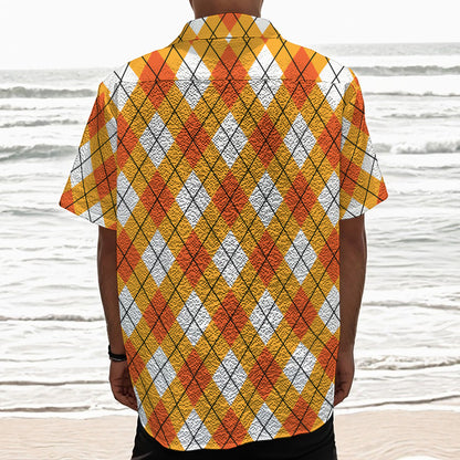 Orange And White Argyle Pattern Print Textured Short Sleeve Shirt
