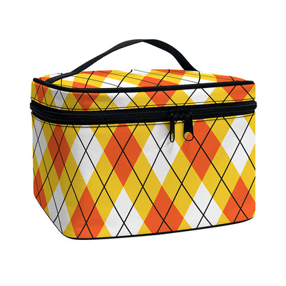 Orange And White Argyle Pattern Print Travel Makeup Bag
