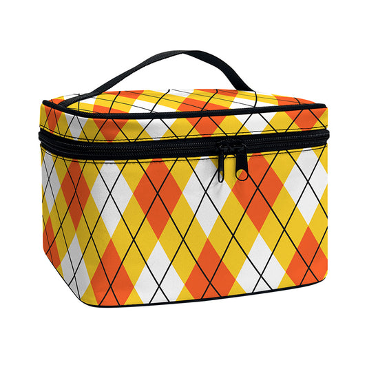 Orange And White Argyle Pattern Print Travel Makeup Bag