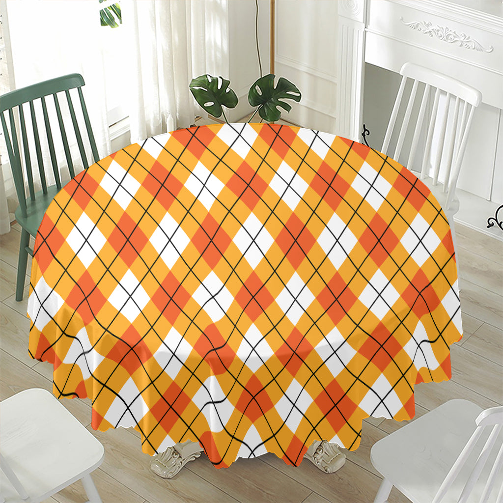 Orange And White Argyle Pattern Print Waterproof Round Tablecloth