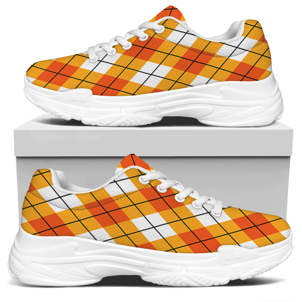 Orange And White Argyle Pattern Print White Chunky Shoes