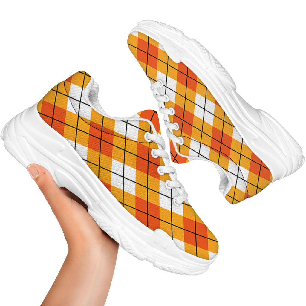 Orange And White Argyle Pattern Print White Chunky Shoes