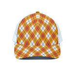 Orange And White Argyle Pattern Print White Mesh Trucker Cap