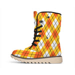 Orange And White Argyle Pattern Print Winter Boots