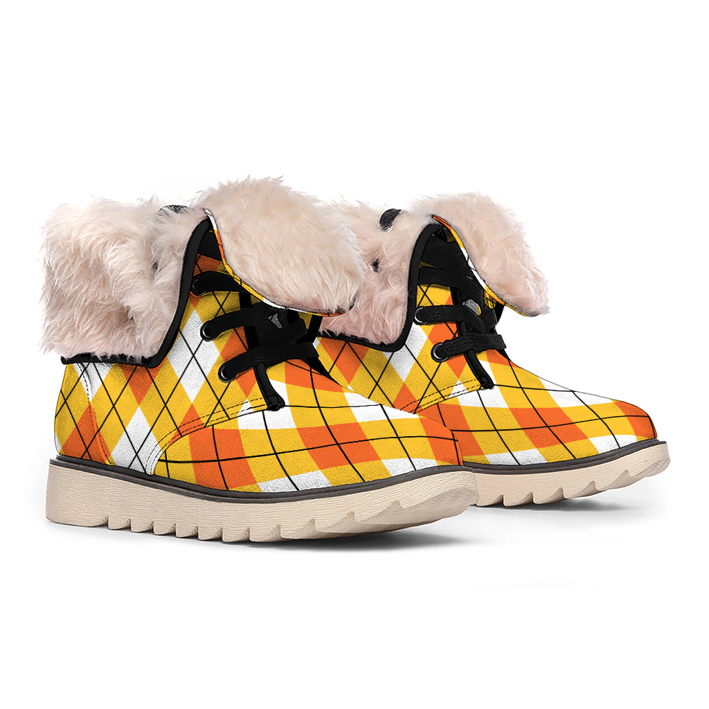 Orange And White Argyle Pattern Print Winter Boots