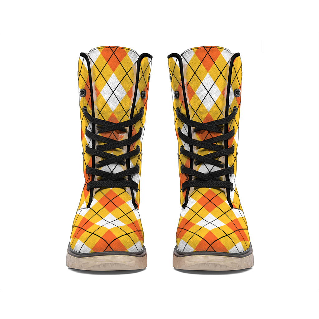 Orange And White Argyle Pattern Print Winter Boots