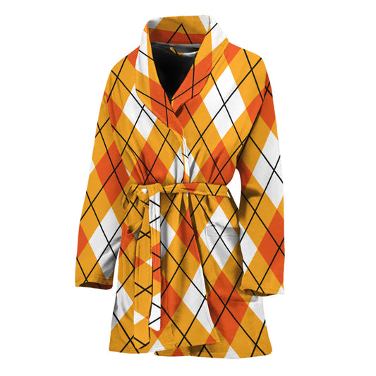 Orange And White Argyle Pattern Print Women's Bathrobe