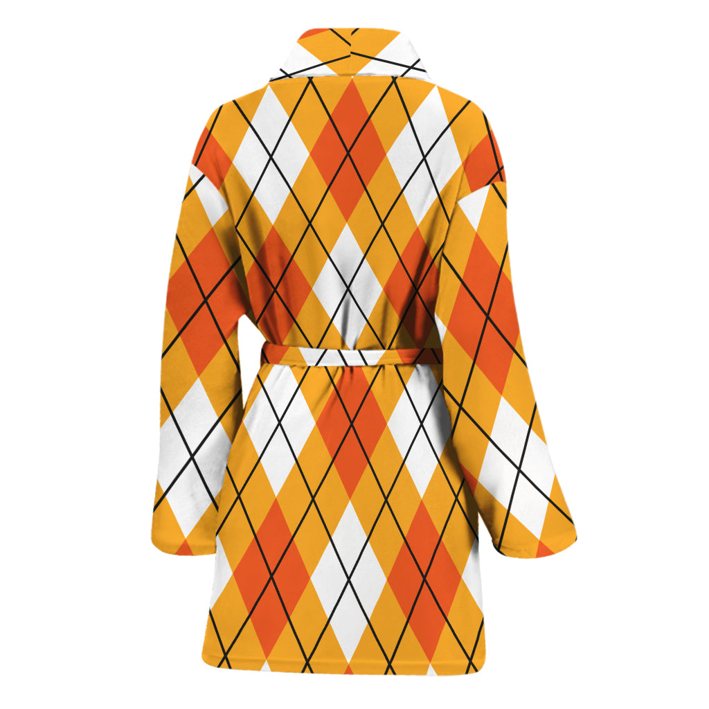 Orange And White Argyle Pattern Print Women's Bathrobe
