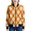Orange And White Argyle Pattern Print Women's Bomber Jacket