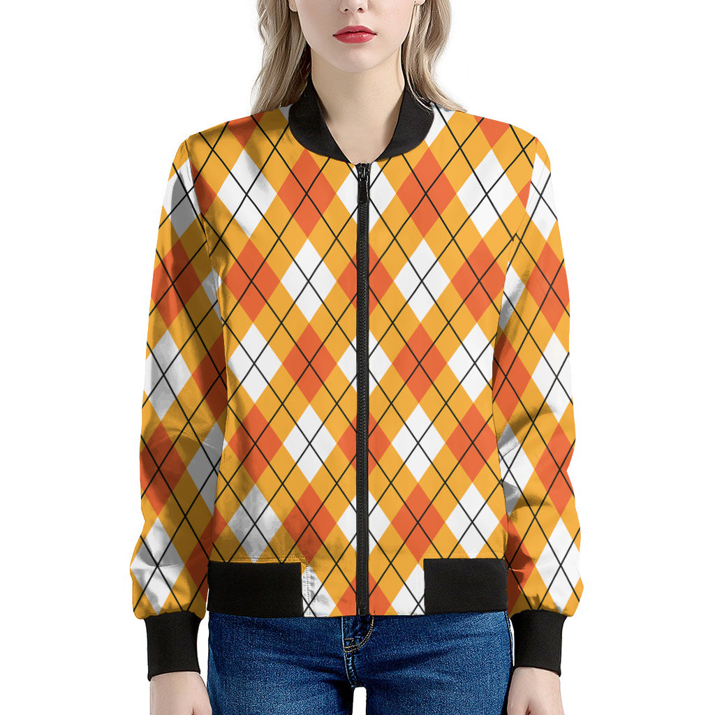 Orange And White Argyle Pattern Print Women's Bomber Jacket