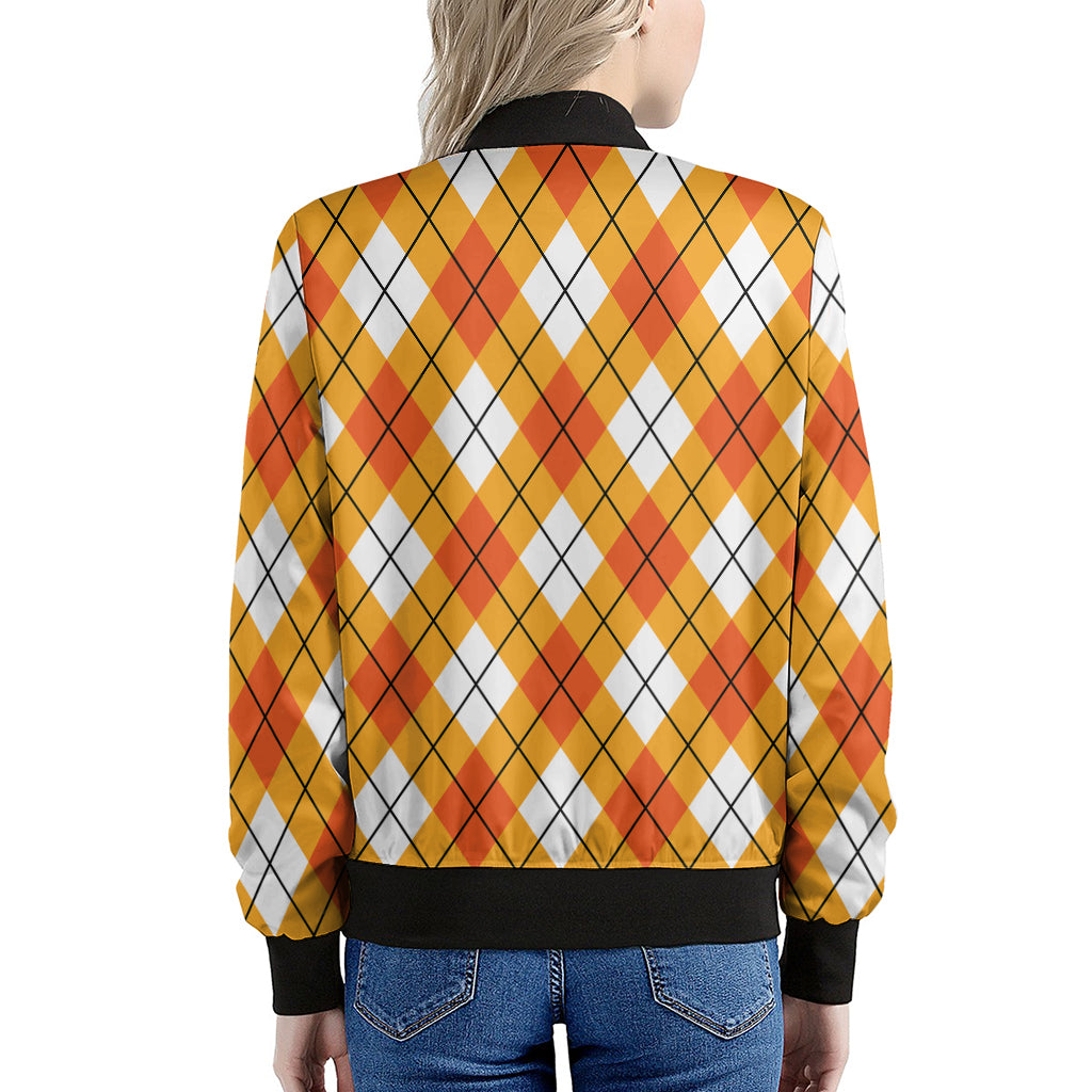 Orange And White Argyle Pattern Print Women's Bomber Jacket