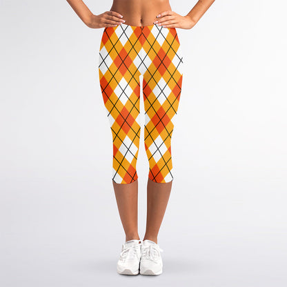 Orange And White Argyle Pattern Print Women's Capri Leggings