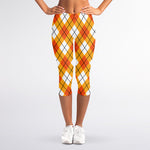 Orange And White Argyle Pattern Print Women's Capri Leggings