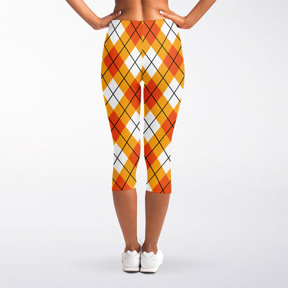 Orange And White Argyle Pattern Print Women's Capri Leggings