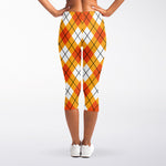 Orange And White Argyle Pattern Print Women's Capri Leggings