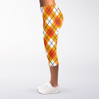 Orange And White Argyle Pattern Print Women's Capri Leggings