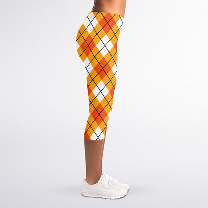 Orange And White Argyle Pattern Print Women's Capri Leggings