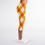 Orange And White Argyle Pattern Print Women's Capri Leggings