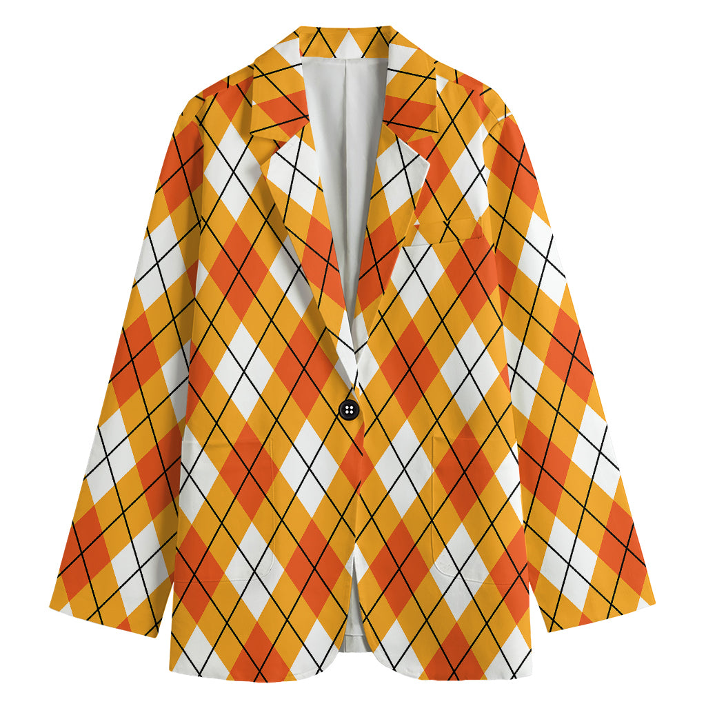 Orange And White Argyle Pattern Print Women's Cotton Blazer