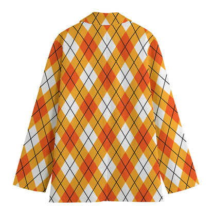 Orange And White Argyle Pattern Print Women's Cotton Blazer