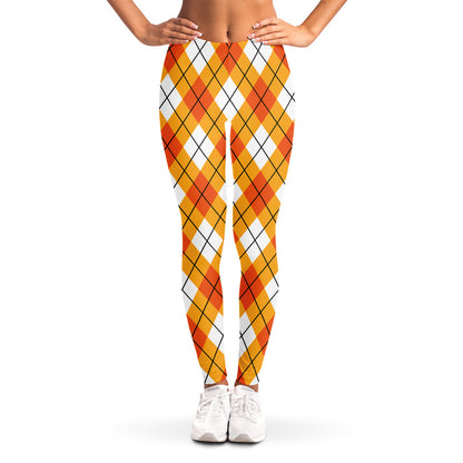 Orange And White Argyle Pattern Print Women's Leggings