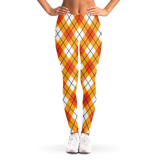 Orange And White Argyle Pattern Print Women's Leggings